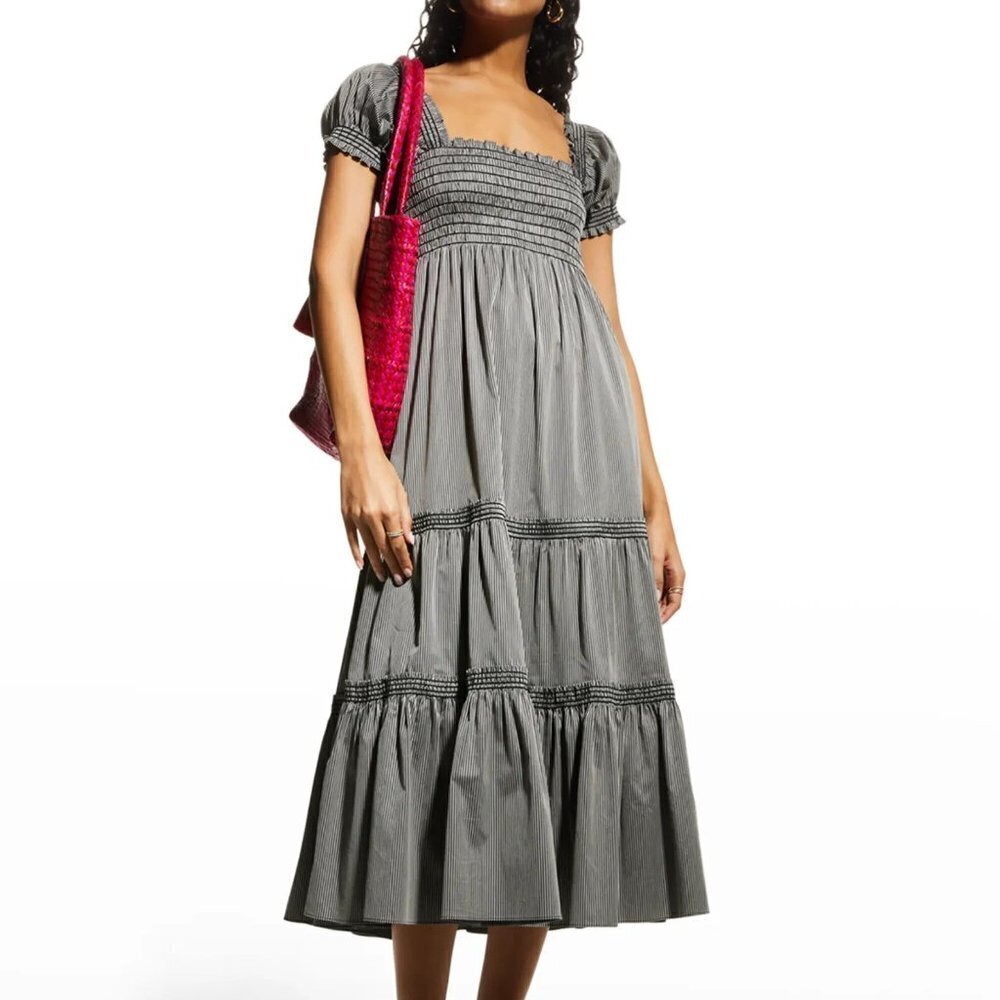 Tory Burch Smocked Midi Dress in Black Spring Petite Stripe size XS NWT